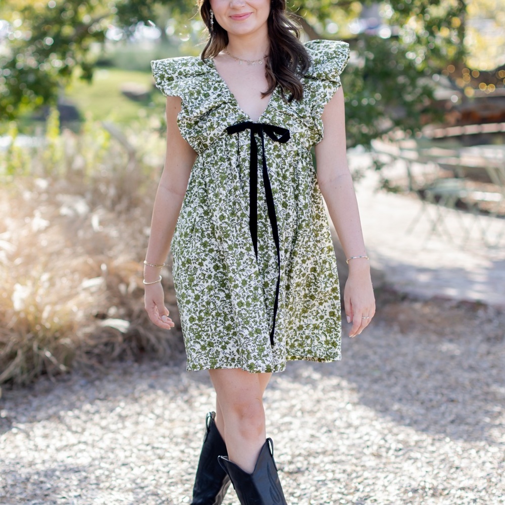 Green Floral Dress with velvet bow